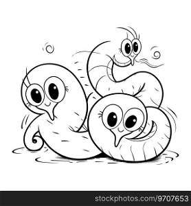 Black and White Cartoon Illustration of Cute Worms for Coloring Book