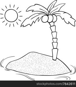 Black and White Cartoon Illustration of Desert Island with Coconut Palm for Coloring Book