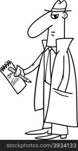 Black and White Cartoon Illustration of Detective or Journalist with Notepad and Pencil for Coloring Book