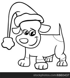 Black and White Cartoon Illustration of Dog or Puppy Animal Character on Christmas Time Coloring Book