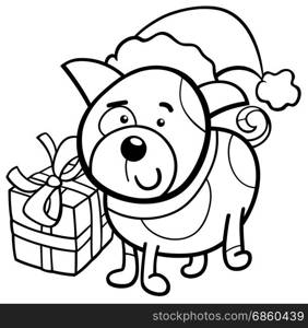 Black and White Cartoon Illustration of Dog or Puppy Animal Character with Christmas Present Coloring Book