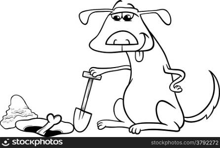 Black and White Cartoon Illustration of Dog which Burrows or Digs his Bone for Coloring Book