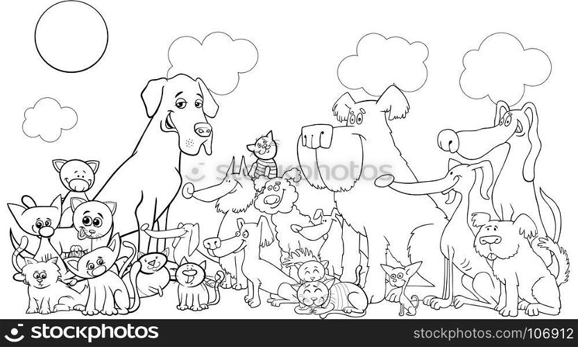 Black and White Cartoon Illustration of Dogs and Cats Animal Comic Characters Group Coloring Book