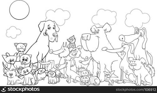 Black and White Cartoon Illustration of Dogs and Cats Animal Comic Characters Group Coloring Book