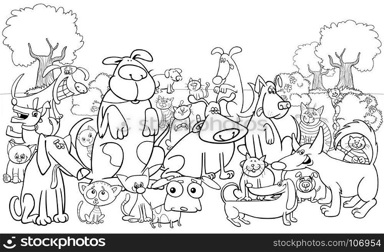 Black and White Cartoon Illustration of Dogs and Cats Animal Funny Characters Group Coloring Book