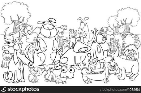 Black and White Cartoon Illustration of Dogs and Cats Animal Funny Characters Group Coloring Book