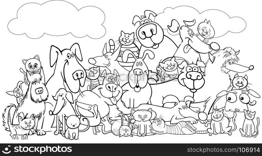 Black and White Cartoon Illustration of Dogs and Cats Animal Pet Characters Group Coloring Book