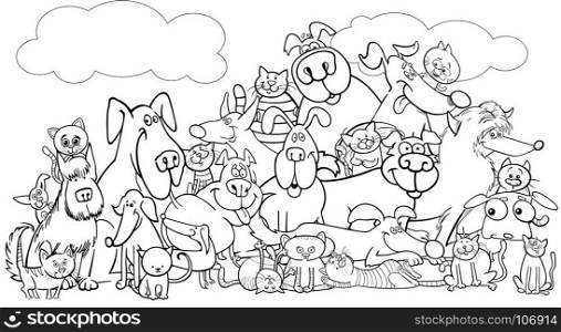Black and White Cartoon Illustration of Dogs and Cats Animal Pet Characters Group Coloring Book