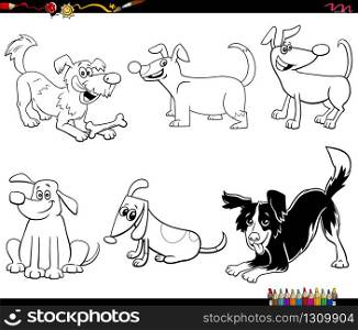 Black and White Cartoon Illustration of Dogs and Puppies Animal Funny Characters Set Coloring Book Page