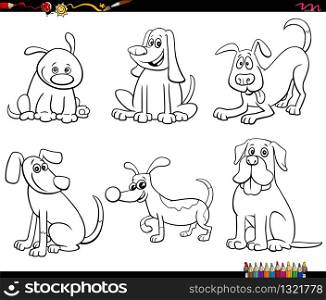 Black and White Cartoon Illustration of Dogs and Puppies Cute Animal Characters Set Coloring Book Page