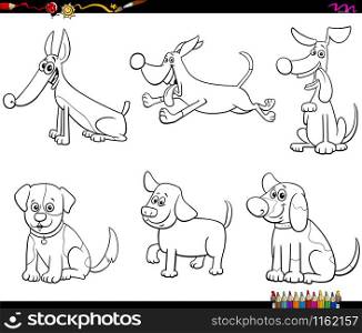 Black and White Cartoon Illustration of Dogs and Puppies Pet Animal Comic Characters Collection Set Coloring Book Page