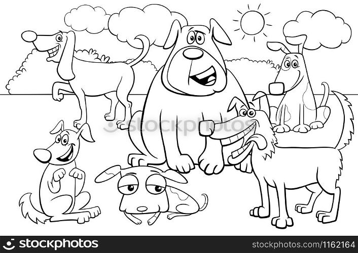 Black and White Cartoon Illustration of Dogs and Puppies Pet Animal Comic Characters Group Coloring Book Page