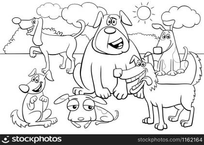 Black and White Cartoon Illustration of Dogs and Puppies Pet Animal Comic Characters Group Coloring Book Page