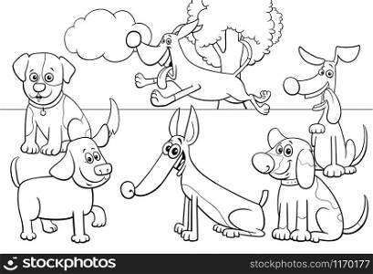 Black and White Cartoon Illustration of Dogs and Puppies Pet Animal Comic Characters Group in the Park Coloring Book Page