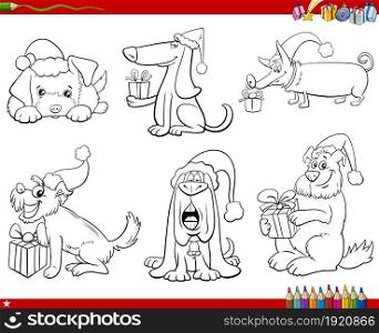 Black and white cartoon illustration of dogs animal characters on Christmas Time set coloring book page