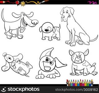 Black and White Cartoon Illustration of Dogs Animal Characters Set Coloring Book