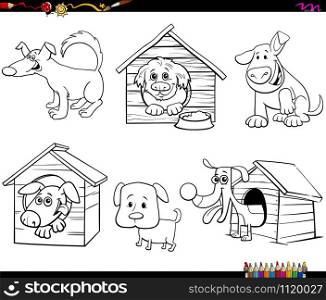 Black and White Cartoon Illustration of Dogs Animal Characters Set Coloring Book Page