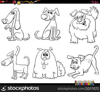 Black and white cartoon illustration of dogs animal characters set coloring book page
