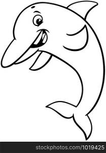 Black and White Cartoon Illustration of Dolphin Sea Life Animal Character Coloring Book Page