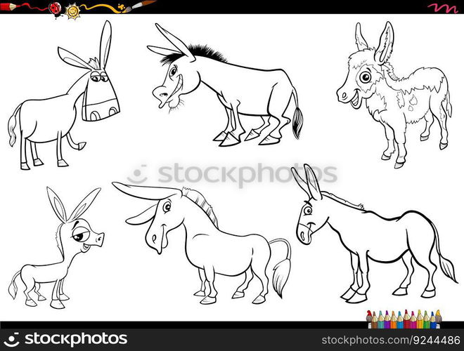 Black and white cartoon illustration of donkeys farm animal comic ...