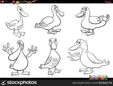 Black and white cartoon illustration of ducks farm animal characters set coloring page