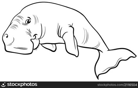 Black and white cartoon illustration of dugong marine mammal animal character coloring book page