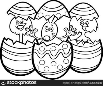 Black and White Cartoon Illustration of Easter Bunny and Little Chickens in Colorful Eggshells of Easter Eggs Coloring Book