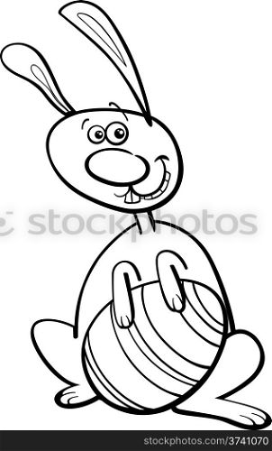 Black and White Cartoon Illustration of Easter Bunny with Big Paschal Egg for Coloring Book