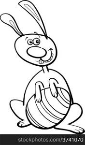 Black and White Cartoon Illustration of Easter Bunny with Big Paschal Egg for Coloring Book