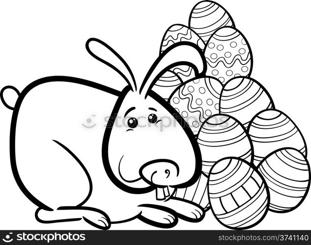 Black and White Cartoon Illustration of Easter Bunny with Paschal Eggs ...