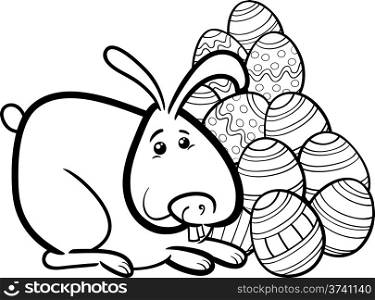 Black and White Cartoon Illustration of Easter Bunny with Paschal Eggs for Coloring Book