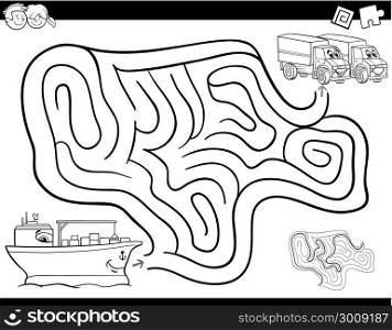Black and White Cartoon Illustration of Education Maze or Labyrinth Activity Game for Children with Container Ship and Trucks Coloring Book