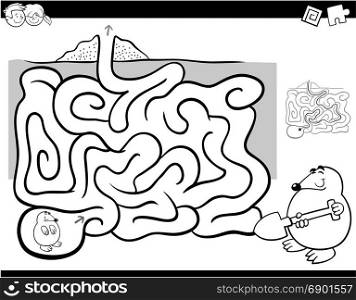 Black and White Cartoon Illustration of Education Maze or Labyrinth Activity Game for Children with Mole Animal Character Coloring Page