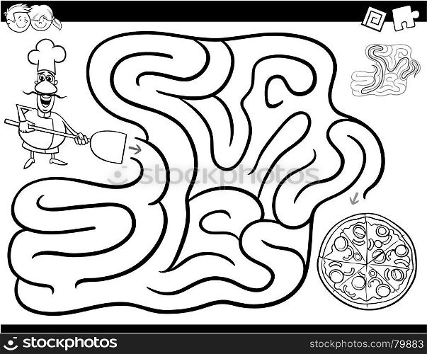 Black and White Cartoon Illustration of Education Maze or Labyrinth Activity Game for Children with Chef Character and Pizza Coloring Book