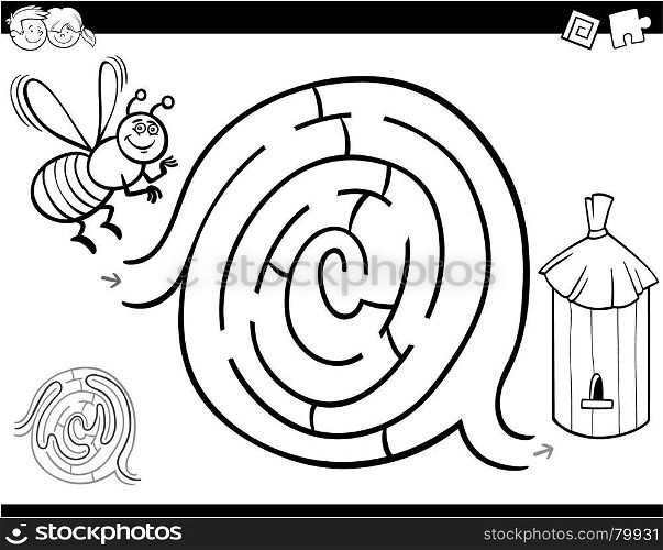 Black and White Cartoon Illustration of Education Maze or Labyrinth Activity Game for Children with Bee Insect Character and Hive Coloring Book