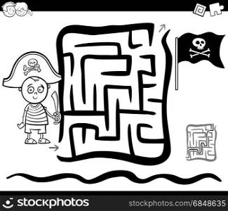 Black and White Cartoon Illustration of Education Maze or Labyrinth Game for Children with Pirate Boy Coloring Page