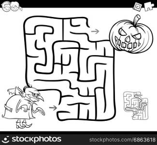 Black and White Cartoon Illustration of Education Maze or Labyrinth Game for Children with Halloween Characters Coloring Page