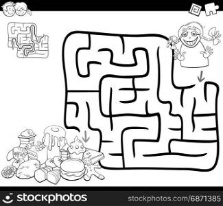 Black and White Cartoon Illustration of Education Maze or Labyrinth Game for Children with Little Girl and Sweets Coloring Page