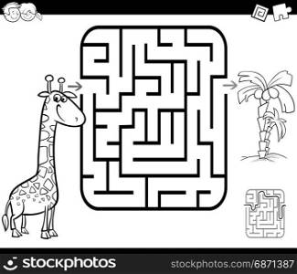Black and White Cartoon Illustration of Education Maze or Labyrinth Game for Children with Giraffe and Palm Tree Coloring Page