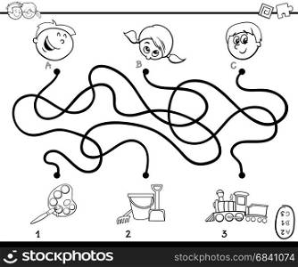 Black and White Cartoon Illustration of Education Paths or Maze Puzzle Activity with Children and Toys