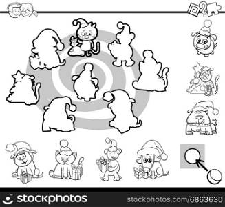 Black and White Cartoon Illustration of Educational Activity for Preschool Children with Christmas Animal Characters Coloring Page