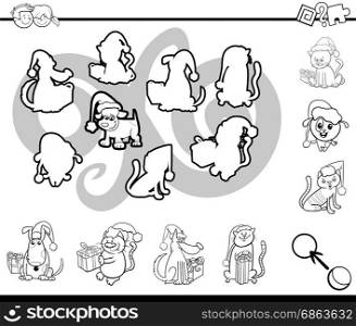 Black and White Cartoon Illustration of Educational Activity for Preschool Children with Funny Animal Characters on Christmas Coloring Page