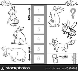 Black and White Cartoon Illustration of Educational Activity Game of Finding the Biggest and the Smallest Animal Coloring Book