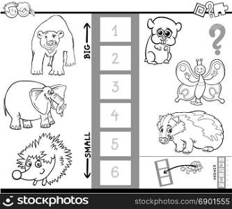 Black and White Cartoon Illustration of Educational Activity Game of Finding the Biggest and the Smallest Animal Species Characters Coloring Book