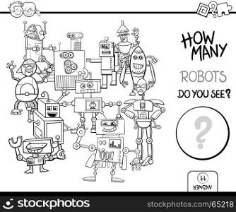 Black and White Cartoon Illustration of Educational Counting Activity Game for Children with Robot Fantasy Characters Coloring Page