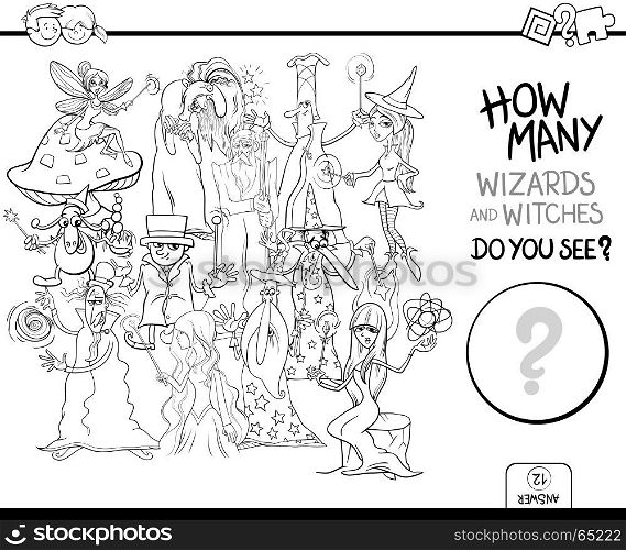 Black and White Cartoon Illustration of Educational Counting Activity Game for Children with Wizards and Witches Fantasy Characters Coloring Page