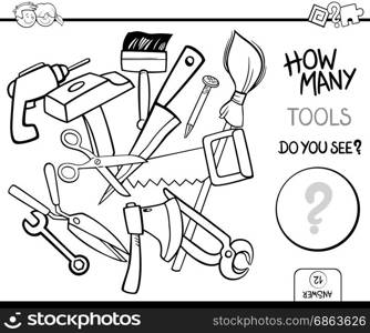 Black and White Cartoon Illustration of Educational Counting Activity Game for Children with Tools Objects Coloring Page