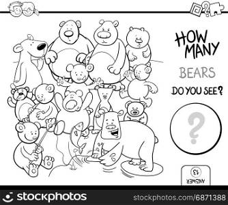 Black and White Cartoon Illustration of Educational Counting Activity Game for Children with Bear Animal Characters Coloring Page