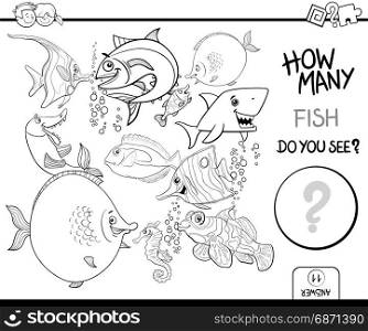Black and White Cartoon Illustration of Educational Counting Activity Game for Children with Fish Sea Life Animal Characters Coloring Page