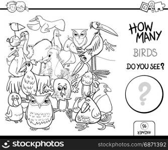 Black and White Cartoon Illustration of Educational Counting Activity Game for Children with Birds Animal Characters Coloring Page